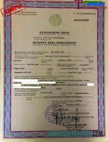 Registro de certificado de divórcio de Blitar na Indonésia amostra
